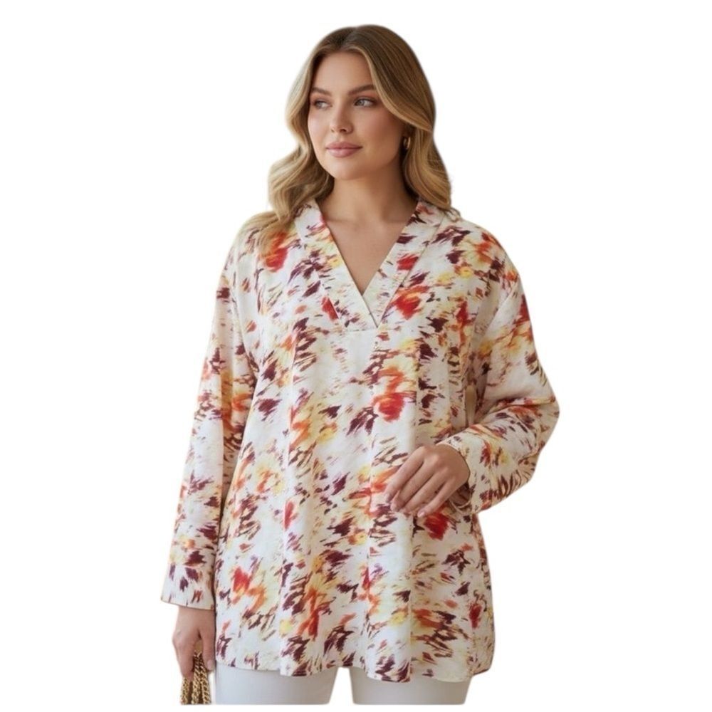 Terra & Sky Plus 2X Orange/Yellow/White Abstract Long Sleeve Hi-Lo Blouse